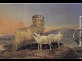 Richard Ansdell A Ewe with Lambs and a Heron Beside a Loch painting
